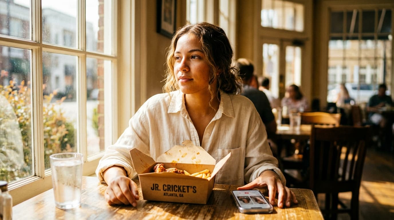 A person in a linen shirt sits at a Buckhead cafe table, holding a takeout box from Jr. Cricket’s, their smartphone restin...