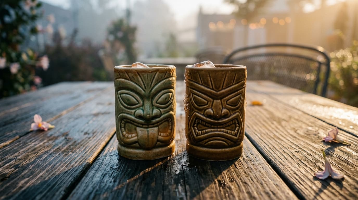 An extreme close-up macro of two half-empty, tropical ceramic tiki mugs resting on a weathered wooden table, capturing con...