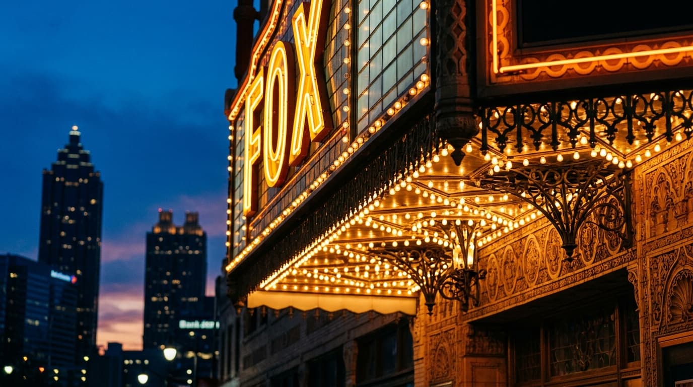 A tight 100mm macro shot of the Fox Theatre’s intricate, illuminated marquee letters at blue hour. The ornate architectura...