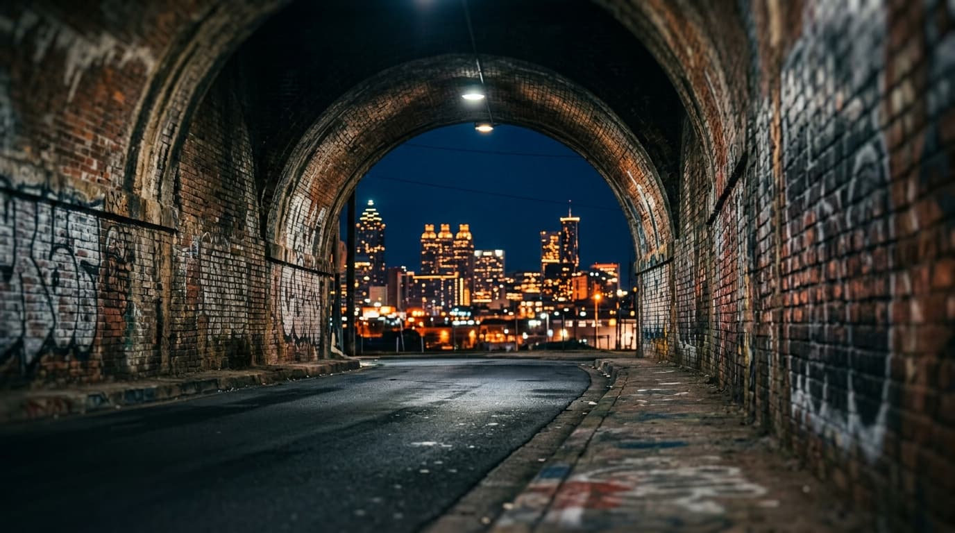 A low-angle, tilt-shift shot of the illuminated Krog Street Tunnel entrance at midnight. Sharp leading lines of weathered...