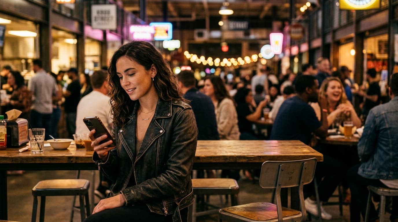 An 85mm portrait captures a woman in a leather jacket sitting at a crowded Krog Street Market communal table. She holds a...