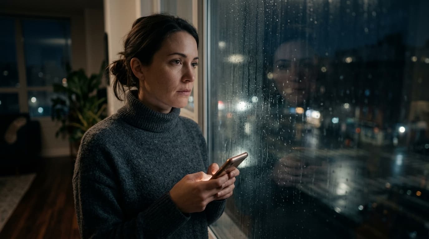 A woman in a charcoal turtleneck stares out a rain-streaked apartment window at midnight. She holds a glowing smartphone s...
