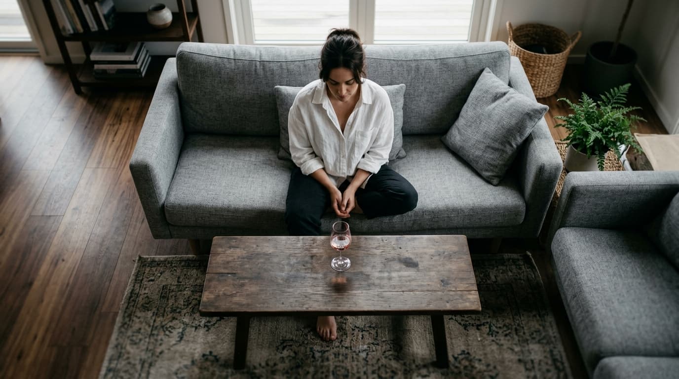 Overhead flat-lay, 24mm wide-angle, overcast morning. A woman in a loose white linen shirt sits centered on a grey sofa, s...