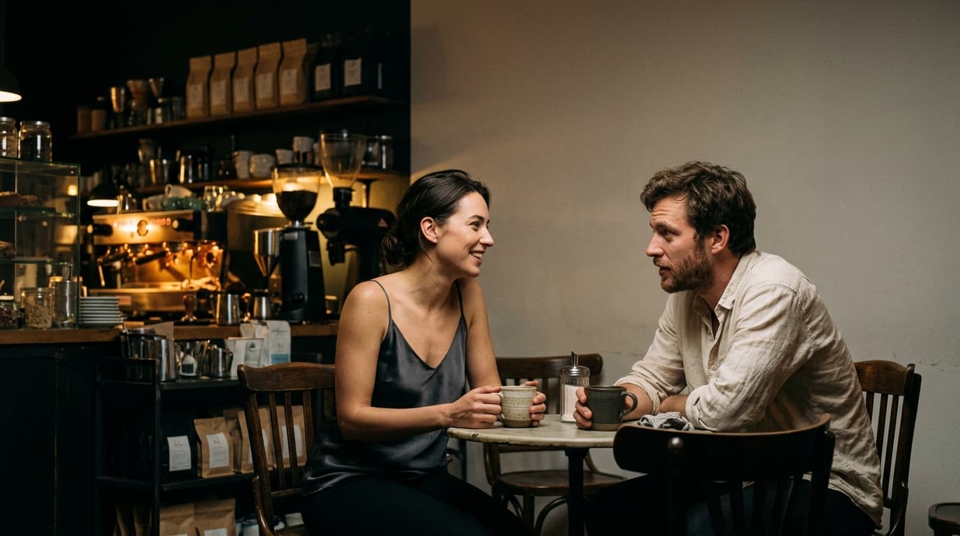 A woman in a silk camisole and a man in a rumpled linen shirt sit at a small kitchen bistro table. They hold mugs, faces e...