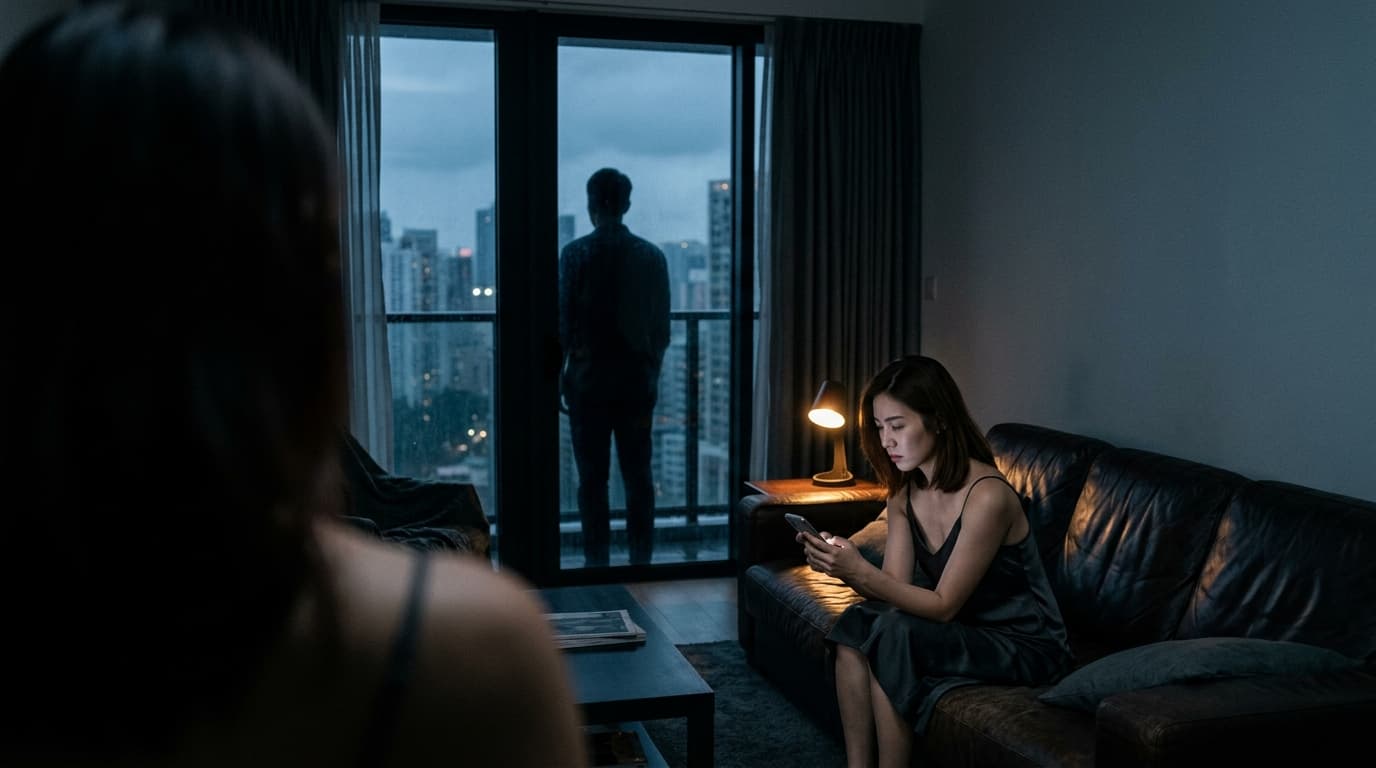 A woman in a silk slip dress sits on the far edge of a dark leather sofa, staring at her glowing phone screen. A man stand...