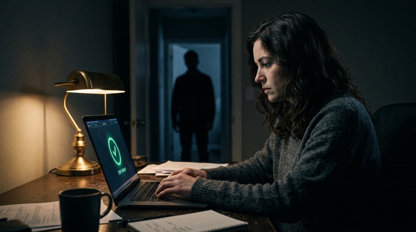 A woman in a wool sweater sits at a desk, staring at a laptop displaying a green compatibility match icon, while a man sta...
