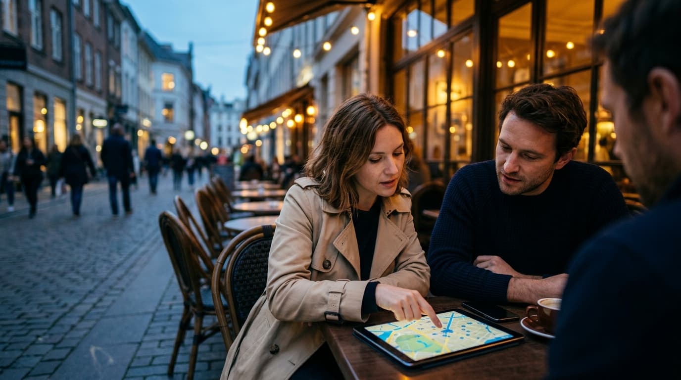 Over-the-shoulder, tilt-shift view of a woman in a trench coat and a man in a sweater sitting at a cafe table, pointing at...