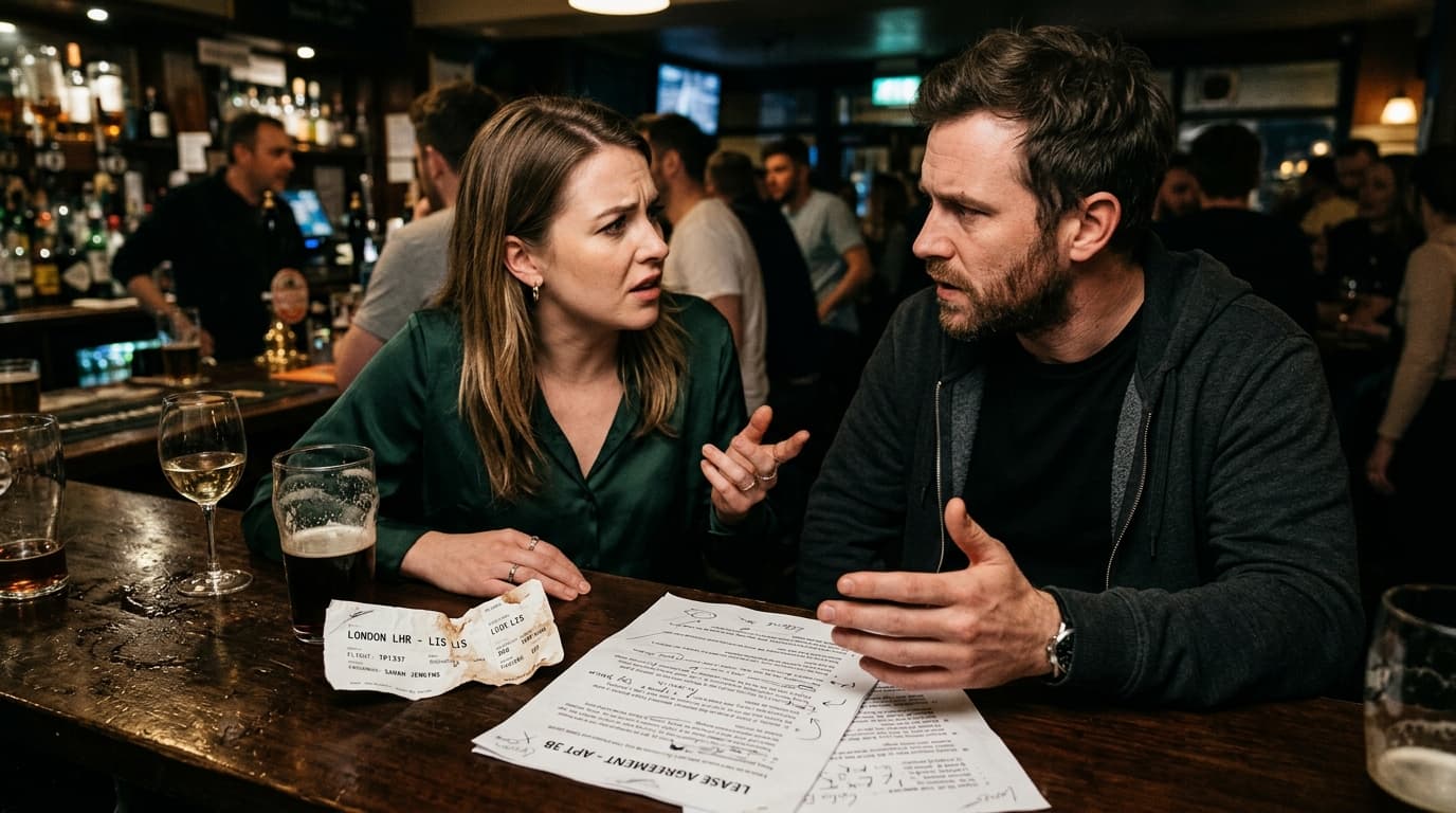 A woman in a silk blouse and a man in a charcoal hoodie sit at a crowded bar, mid-argument over a spread-out physical leas...