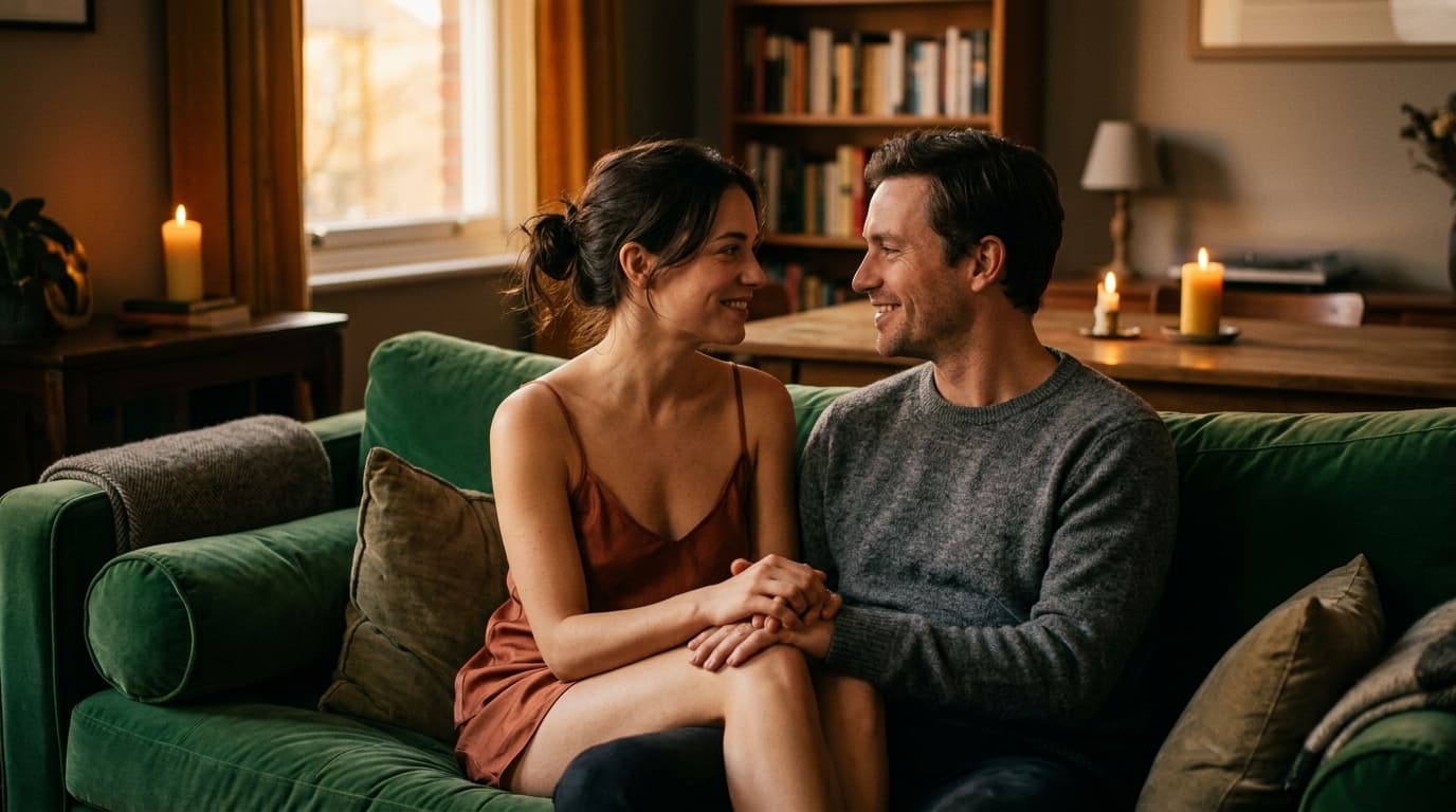 A woman in a silk camisole and a man in a soft sweater sit close on a velvet sofa, hands interlocked, eyes meeting with vu...