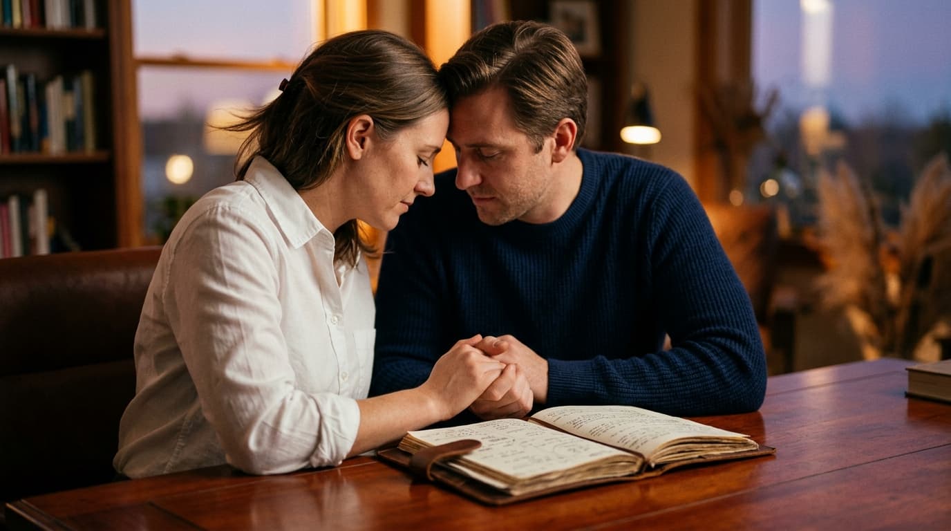 A woman in a crisp white button-down and a man in a navy sweater sit at a mahogany desk, hands firmly clasping a leather-b...