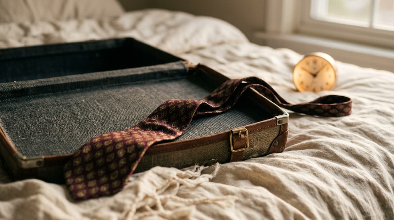 Macro shot of an open, empty suitcase resting on a rumpled duvet. A single silk necktie lies draped across the fabric, lea...