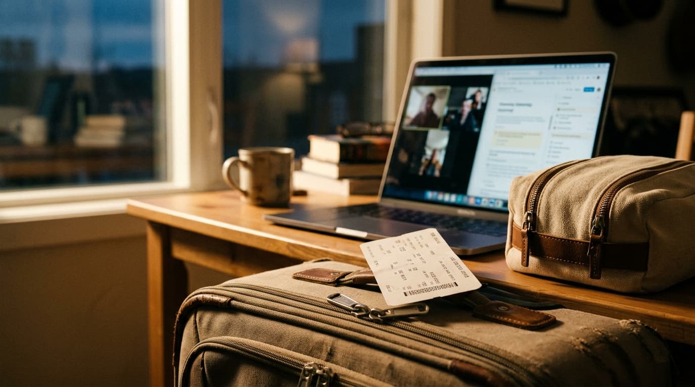 A split-screen laptop sits open on a sunlit dining table next to a neatly packed toiletry kit, with a physical paper plane...