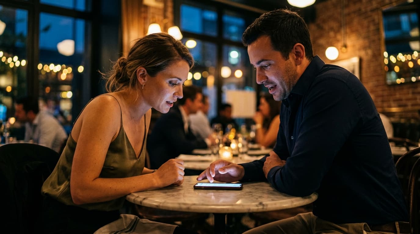 Low-angle hero shot, offset left: a woman in a silk camisole and a man in a crisp navy button-down lean across a small mar...