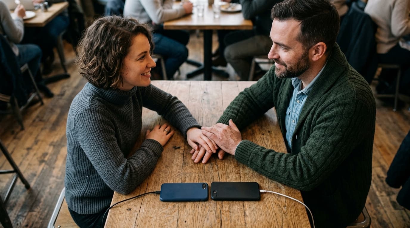 A woman in a turtleneck and a man in a cardigan sit at a wooden table, hands touching beside two face-down, charging phone...