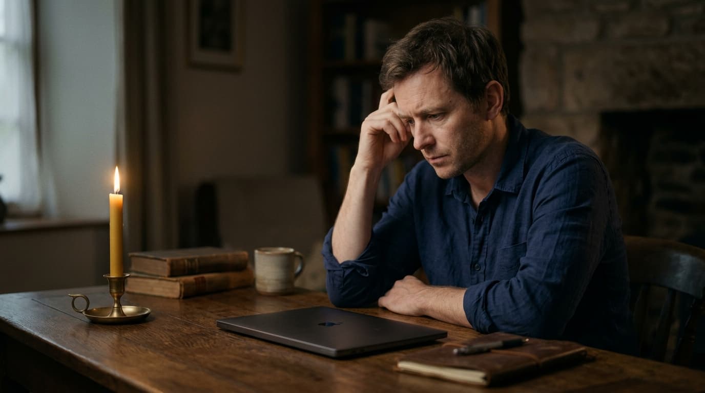 A man sits at a heavy oak desk in candlelight, gazing at a closed laptop. He wears a rumpled linen shirt, hand resting nea...