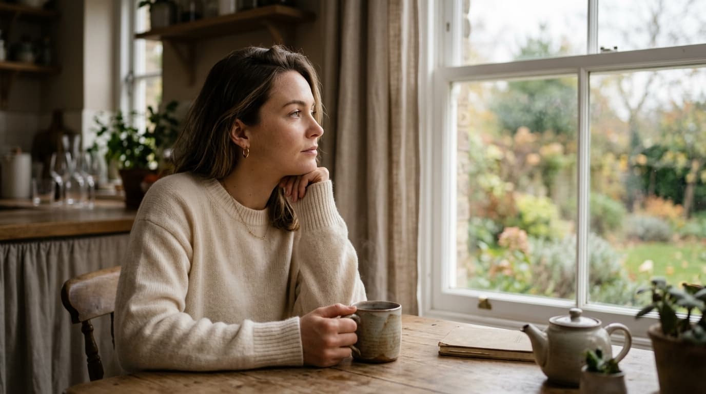 A woman in a cream cashmere sweater sits at a kitchen table, gazing out a window. She holds a cooling mug of tea, reflecti...
