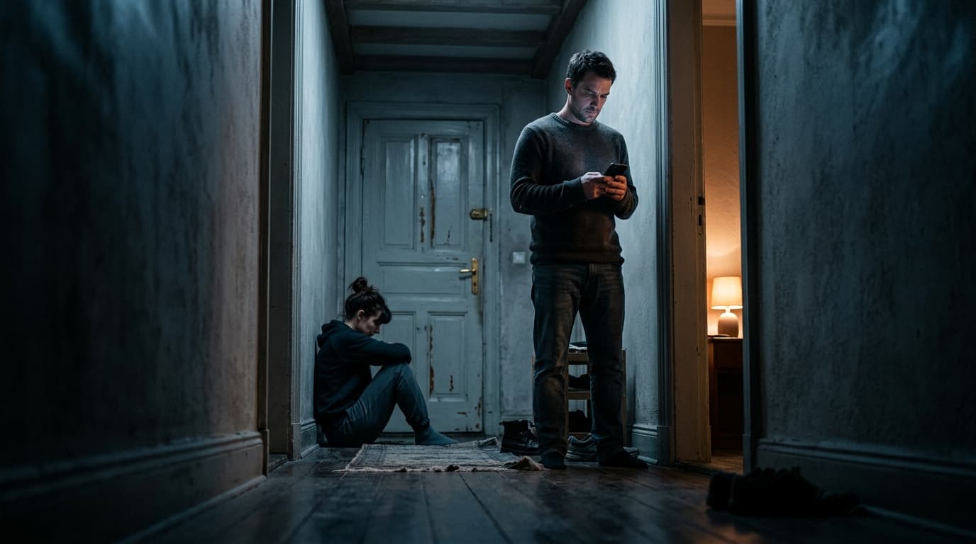 Low-angle hero shot of a man standing in a darkened hallway staring at a smartphone screen, while a woman sits on the floo...