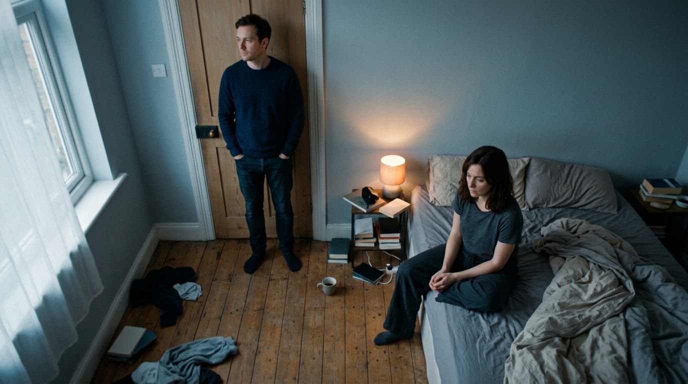 Overhead flat-lay, 35mm documentary style. A woman sits on the edge of an unmade bed, a man stands by a closed door. Both...