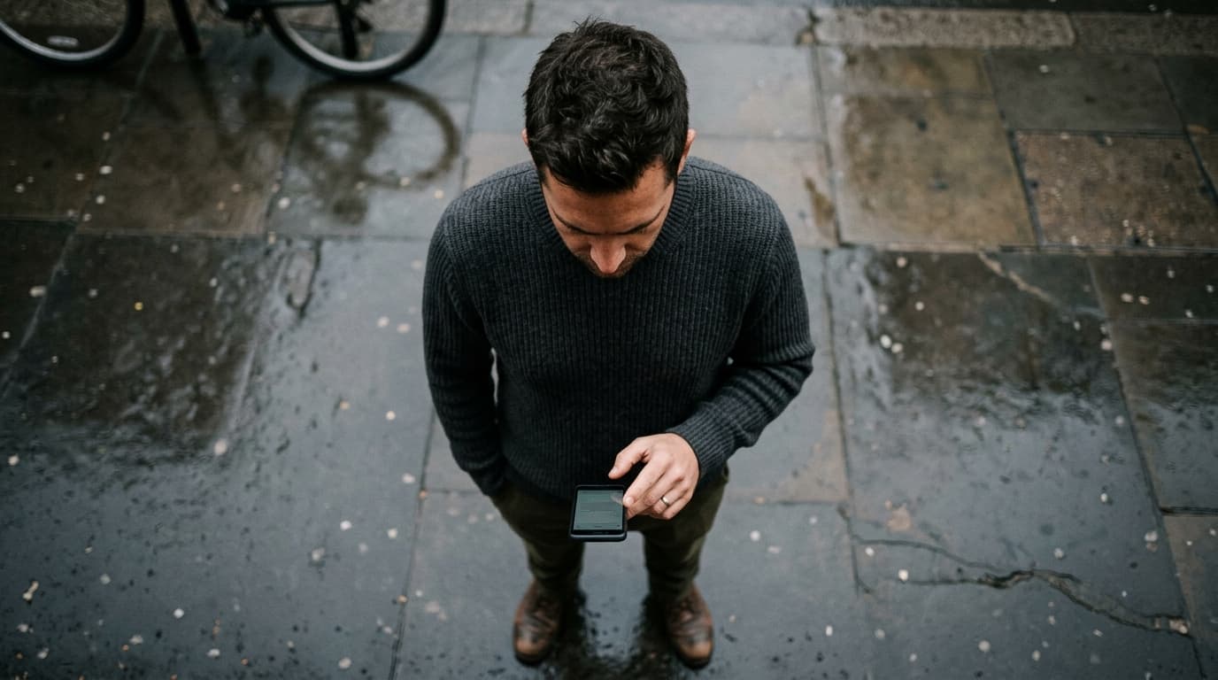 A man in a charcoal wool sweater stands on a rain-slicked sidewalk, eyes cast downward in deep thought, holding a smartpho...