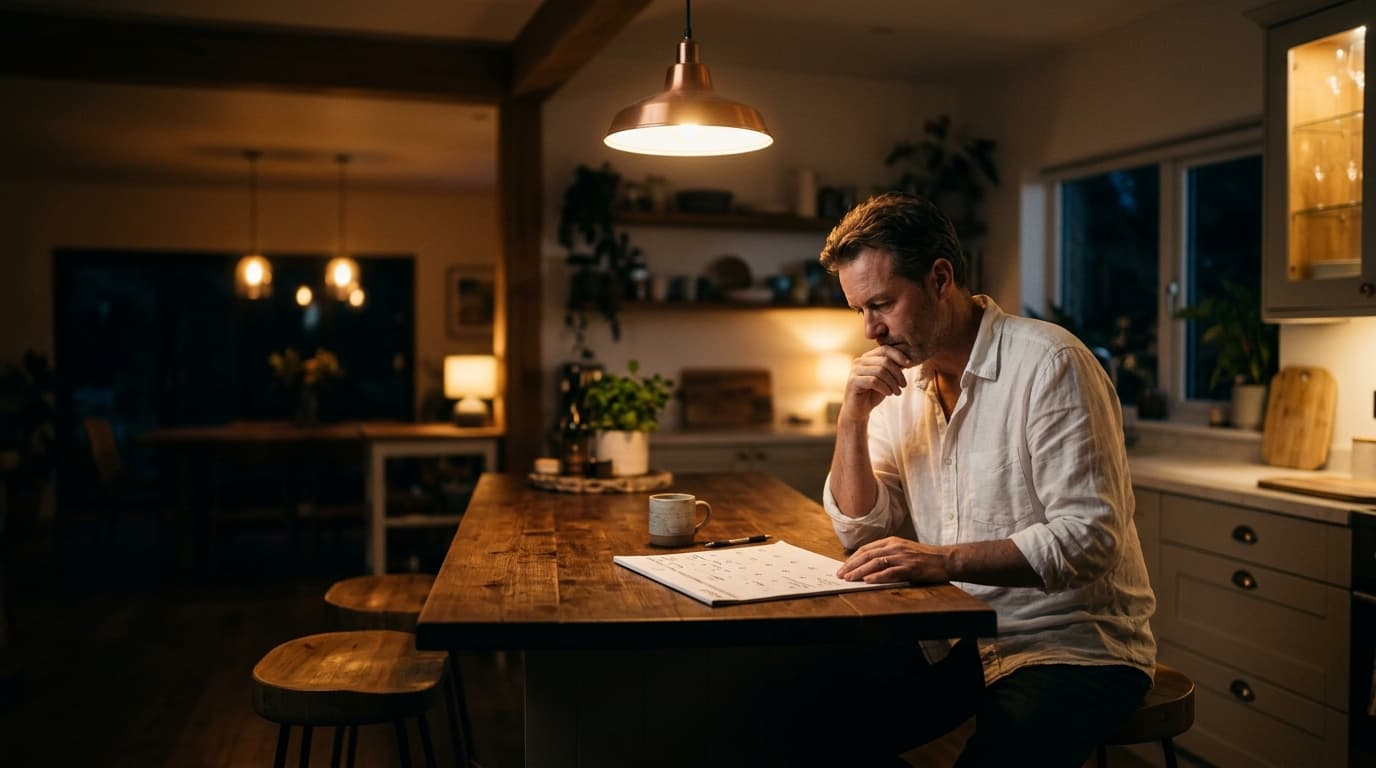 A man in a white linen shirt sits alone at a kitchen island, gazing at a paper calendar. Warm tungsten light spills across...