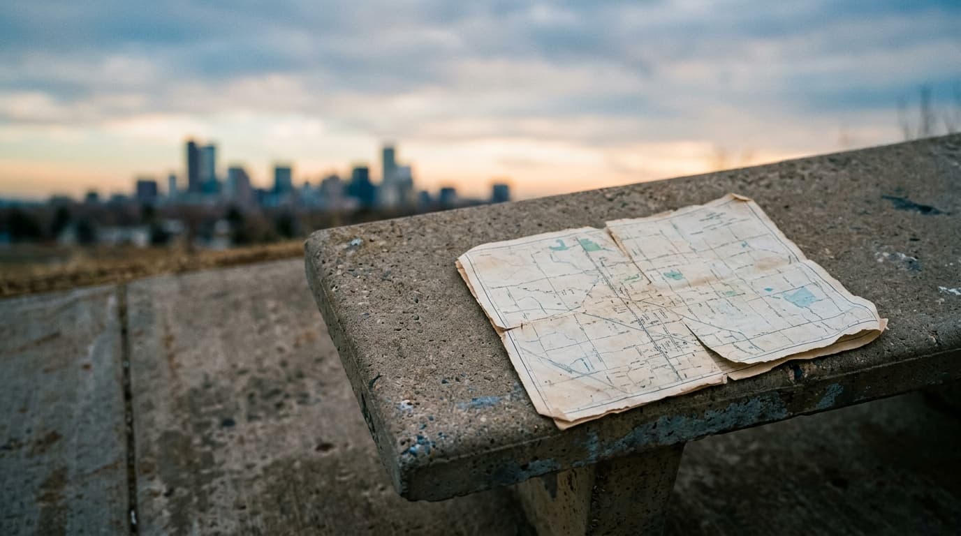 An overcast morning 35mm documentary shot, flat-lay angle. A worn paper map of the Havana Street corridor sits off-center...