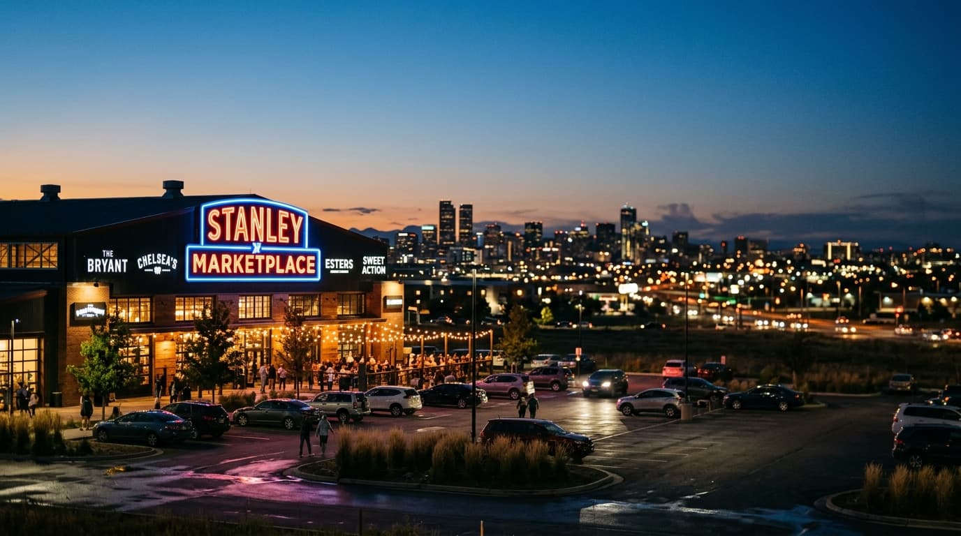 A wide shot captures the illuminated neon signage of the Stanley Marketplace at night. The glowing exterior rests in the l...