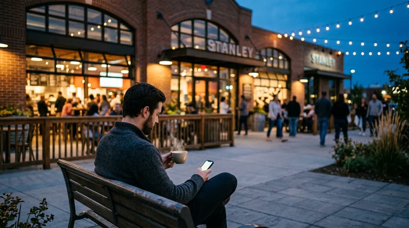A man in a charcoal wool sweater sits on a metal bench outside Stanley Marketplace at blue hour, holding a steaming coffee...