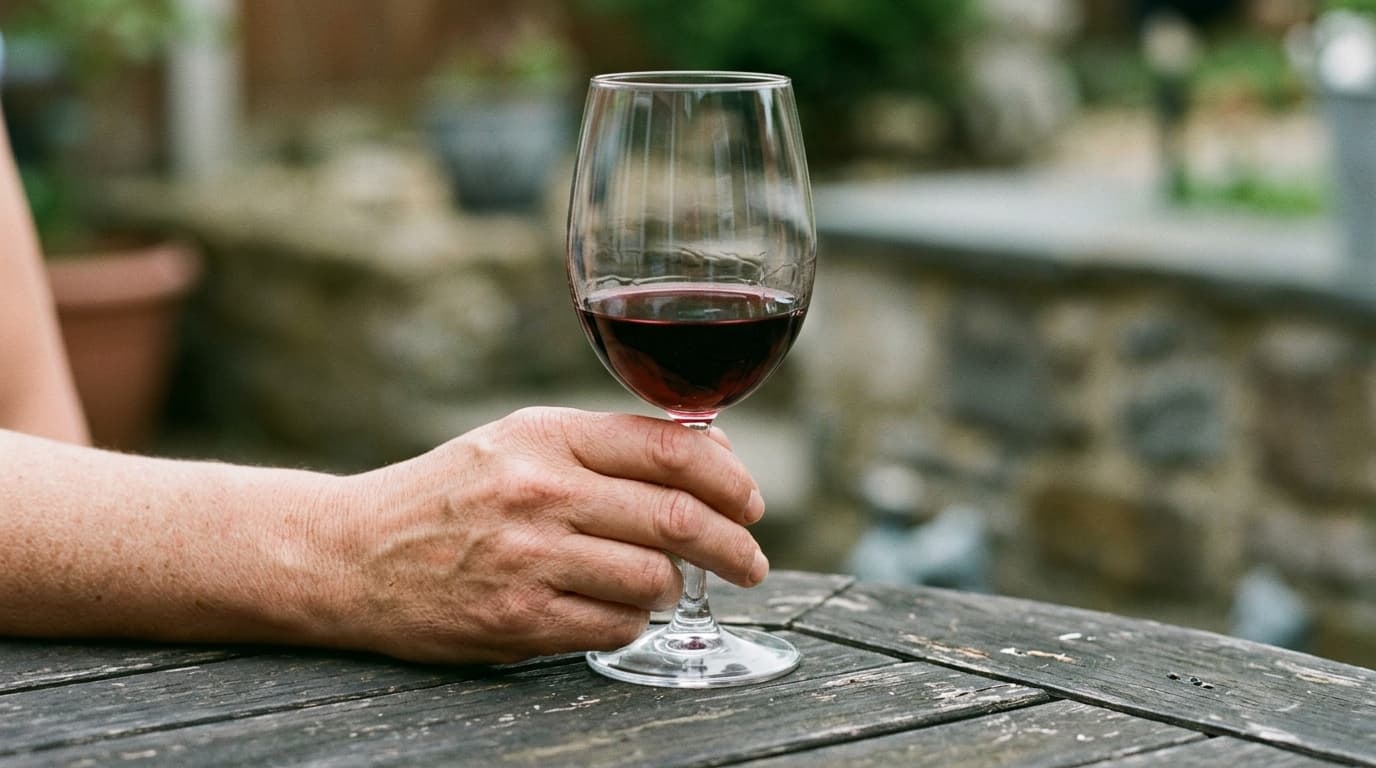 A 100mm macro shot at midnight captures a hand clutching a half-empty wine glass on a polished outdoor Southlands patio ta...