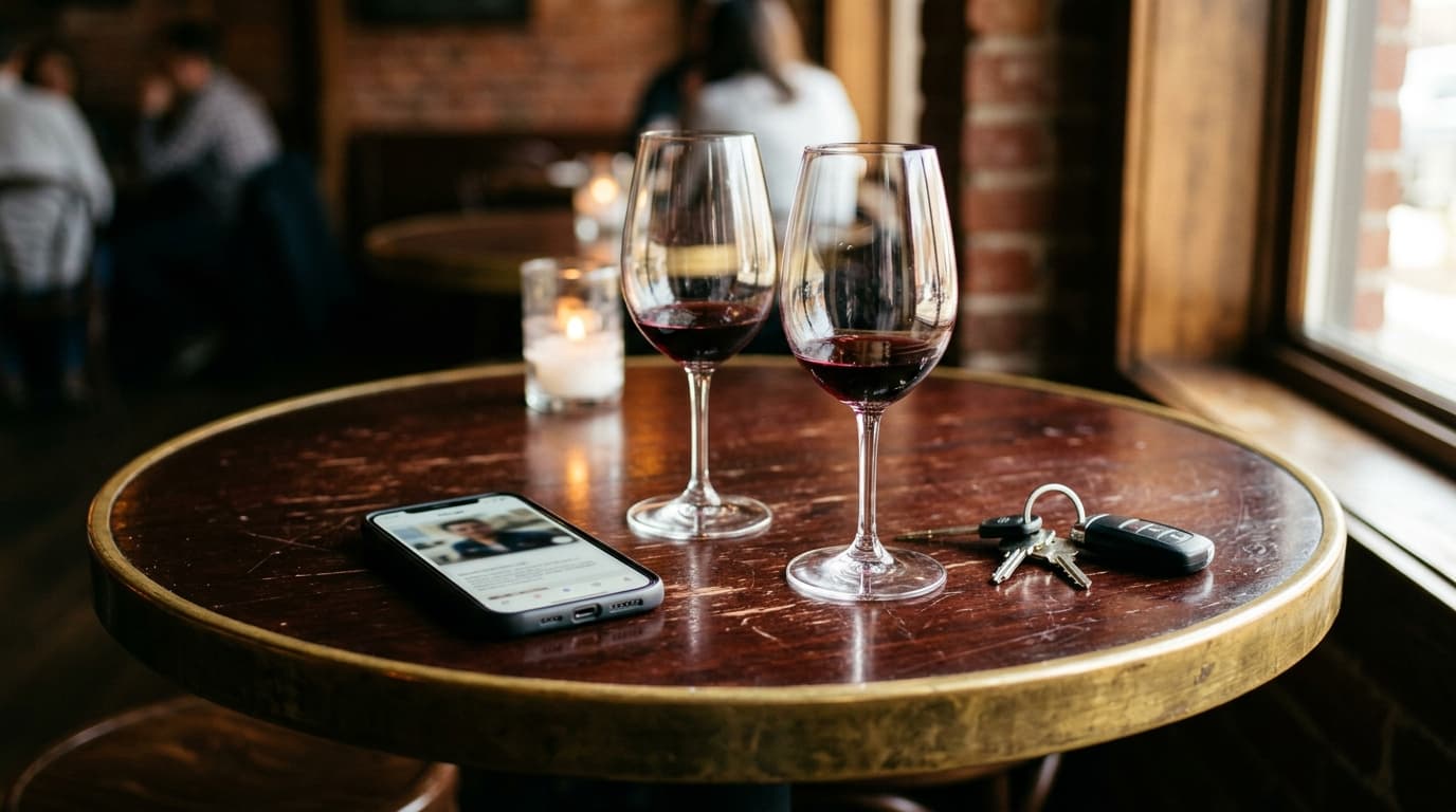 A mahogany bar table at Stanley Marketplace holds a smartphone displaying a Hinge profile, two wine glasses, and a set of...