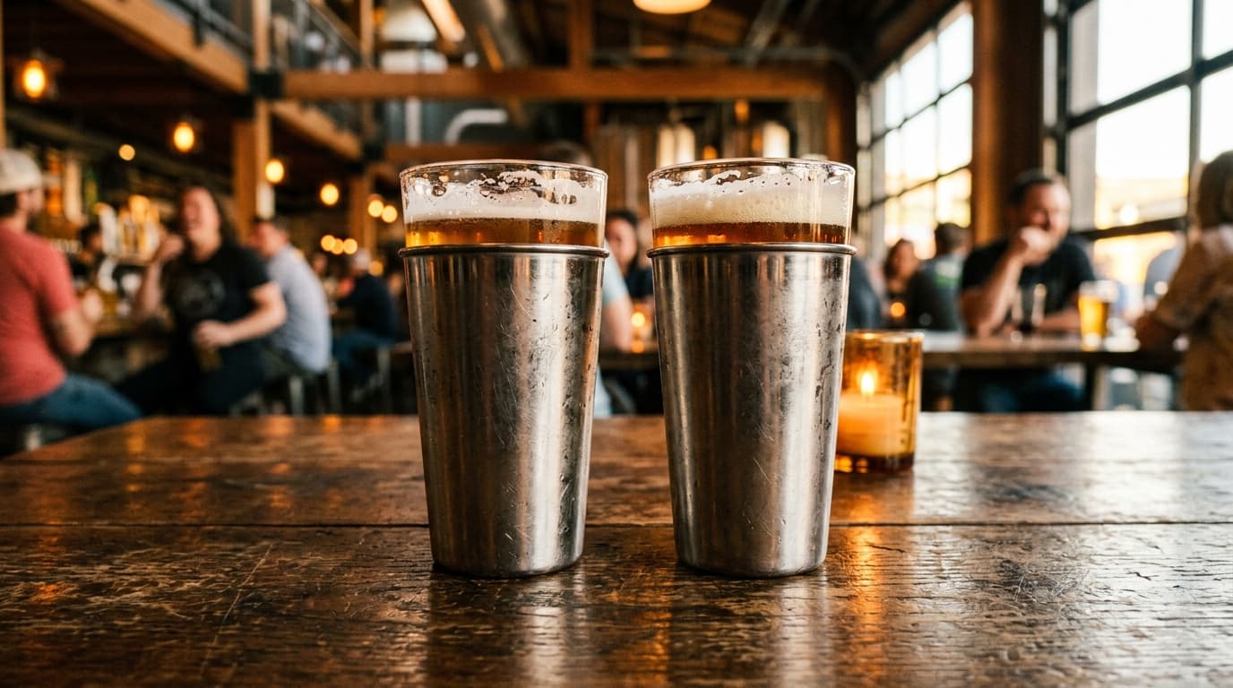 An extreme macro shot of two stainless steel pint glasses resting on a rustic wooden table at Cheluna Brewing, bathed in w...