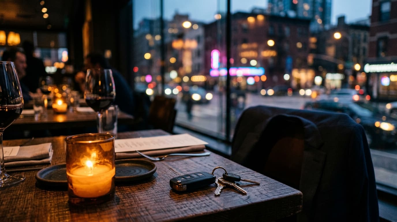 A medium shot captures a pair of car keys resting on a dimly lit, candlelit steakhouse table. Beyond the glass, blurred ci...