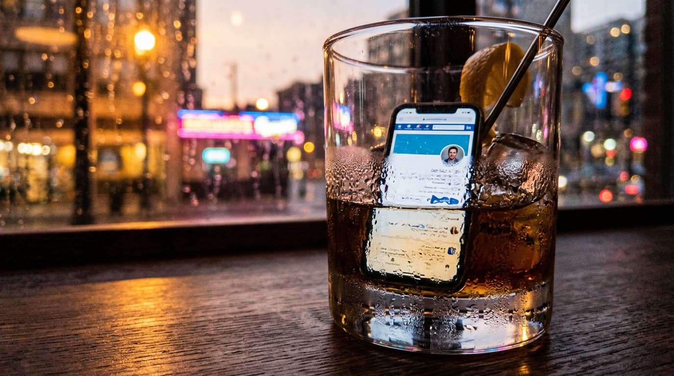 A close-up 100mm macro shot captures an unlocked smartphone displaying a LinkedIn profile reflected in the condensation of...