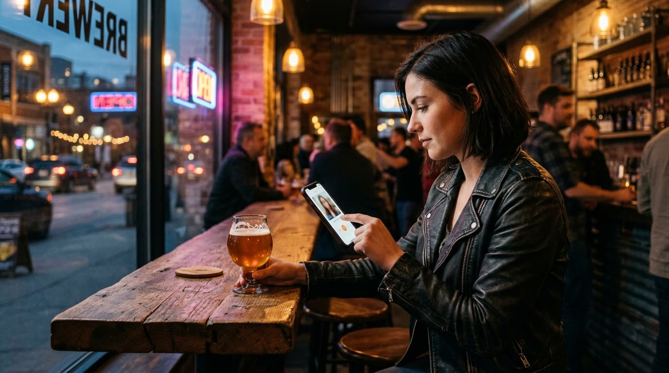 35mm documentary shot, rule-of-thirds offset right. A woman in a black leather jacket sits at a wooden bar inside a brewer...