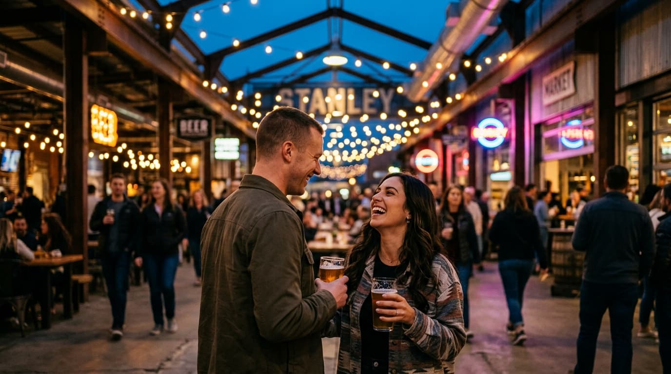 A couple in casual jackets stands laughing at a bustling Stanley Marketplace corridor. They hold craft beers, bathed in gl...