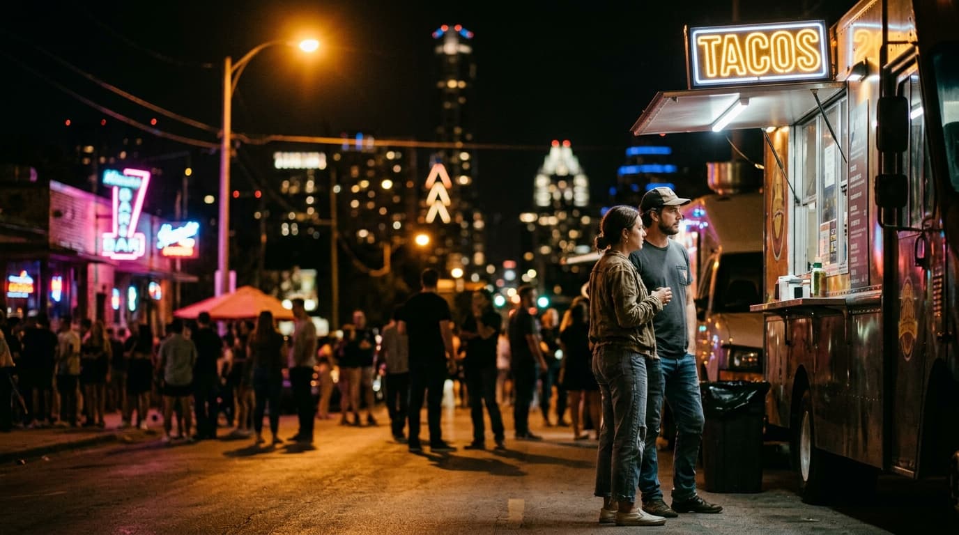 A couple in casual East Austin attire stands near a glowing taco truck at night. A low-angle 35mm shot captures them offse...