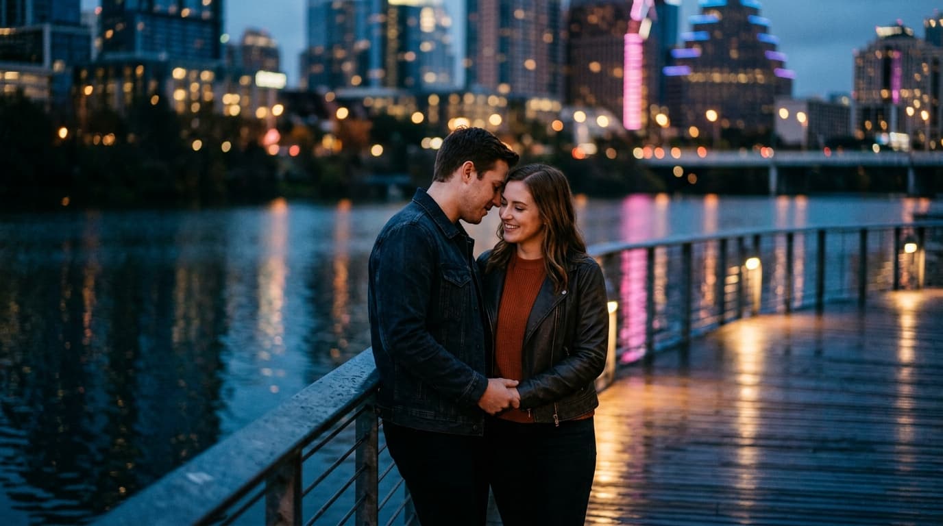 An 85mm portrait captures a couple sharing a quiet, intimate moment near the glowing water’s edge at the Lady Bird Lake bo...