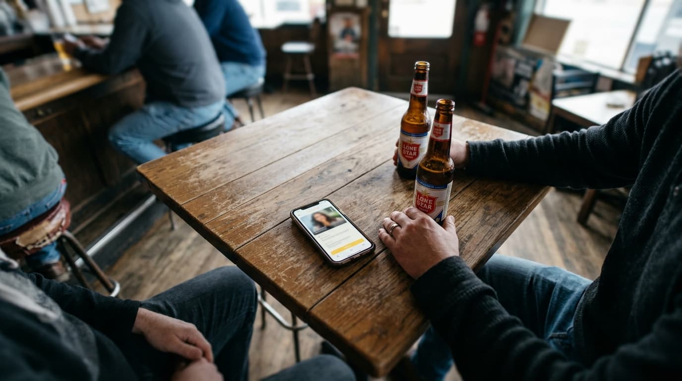 Tilt-shift selective focus captures a couple sitting on a worn East Side dive bar stool. A smartphone displaying a Bumble...
