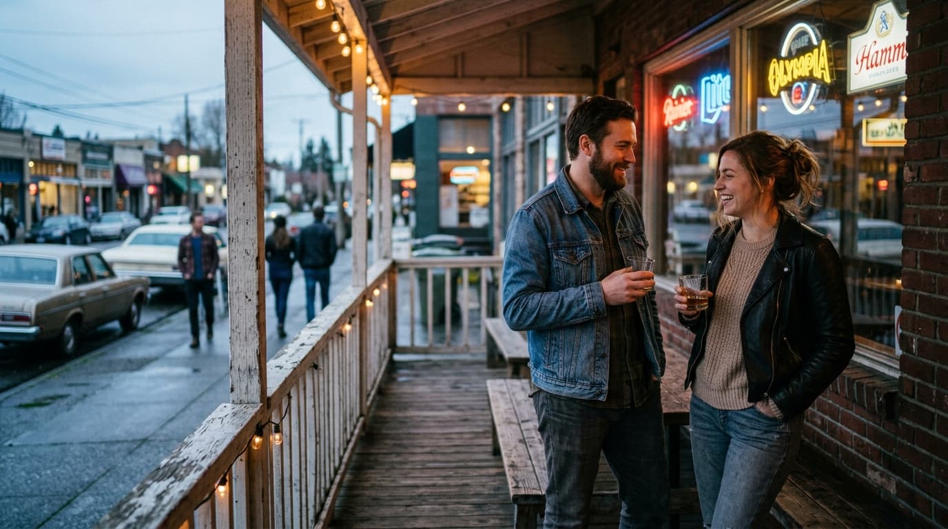 A wide 35mm documentary shot at dusk, offset right. A couple stands on the weathered wooden deck of the White Horse, holdi...