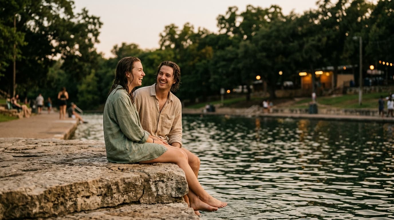 Wide establishing shot, offset left. A couple sits on a weathered limestone ledge at Barton Springs at twilight. They wear...