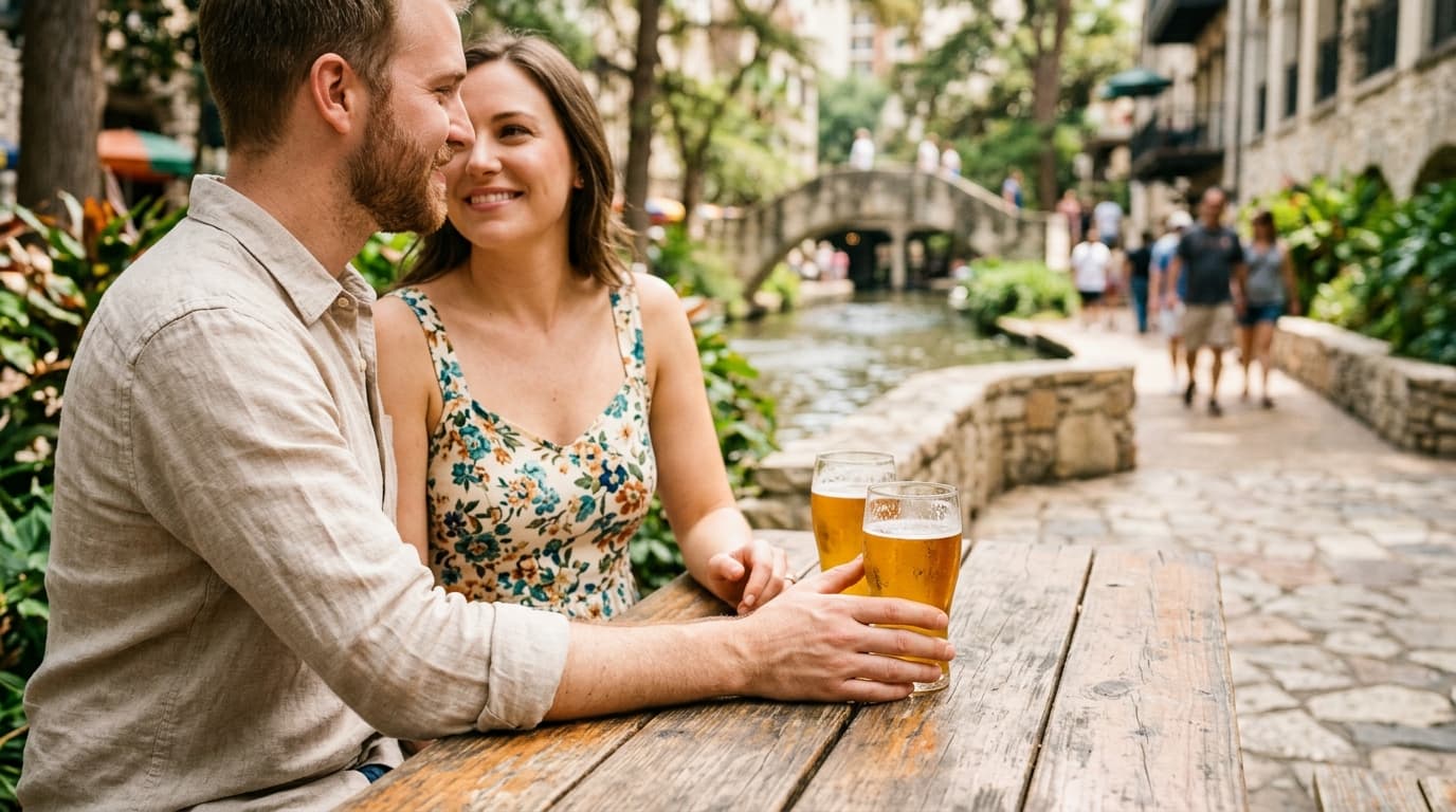 A couple sits at an outdoor table at the Riverwalk, fingers brushing near two craft beer glasses. Noon sunlight catches th...