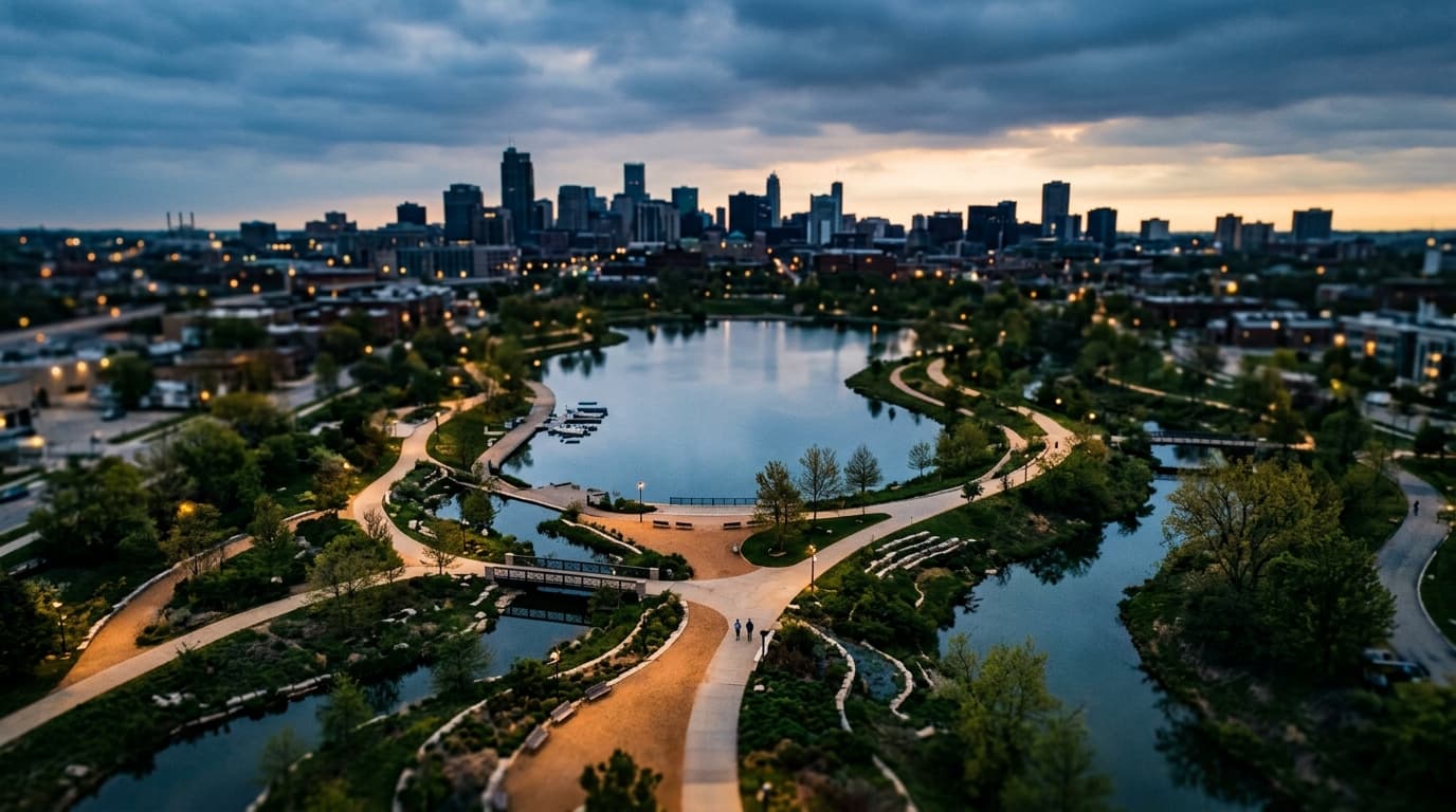 An overhead tilt-shift shot of the Park at River Walk at overcast dawn. Leading lines of walking paths draw the eye toward...