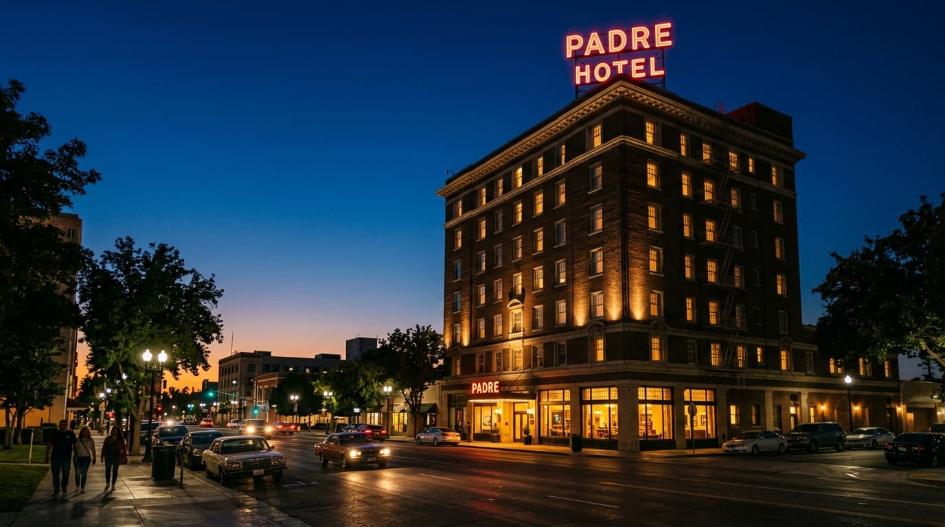 A wide 35mm documentary shot of the iconic Padre Hotel exterior at night. Warm tungsten lights glow from the lobby windows...
