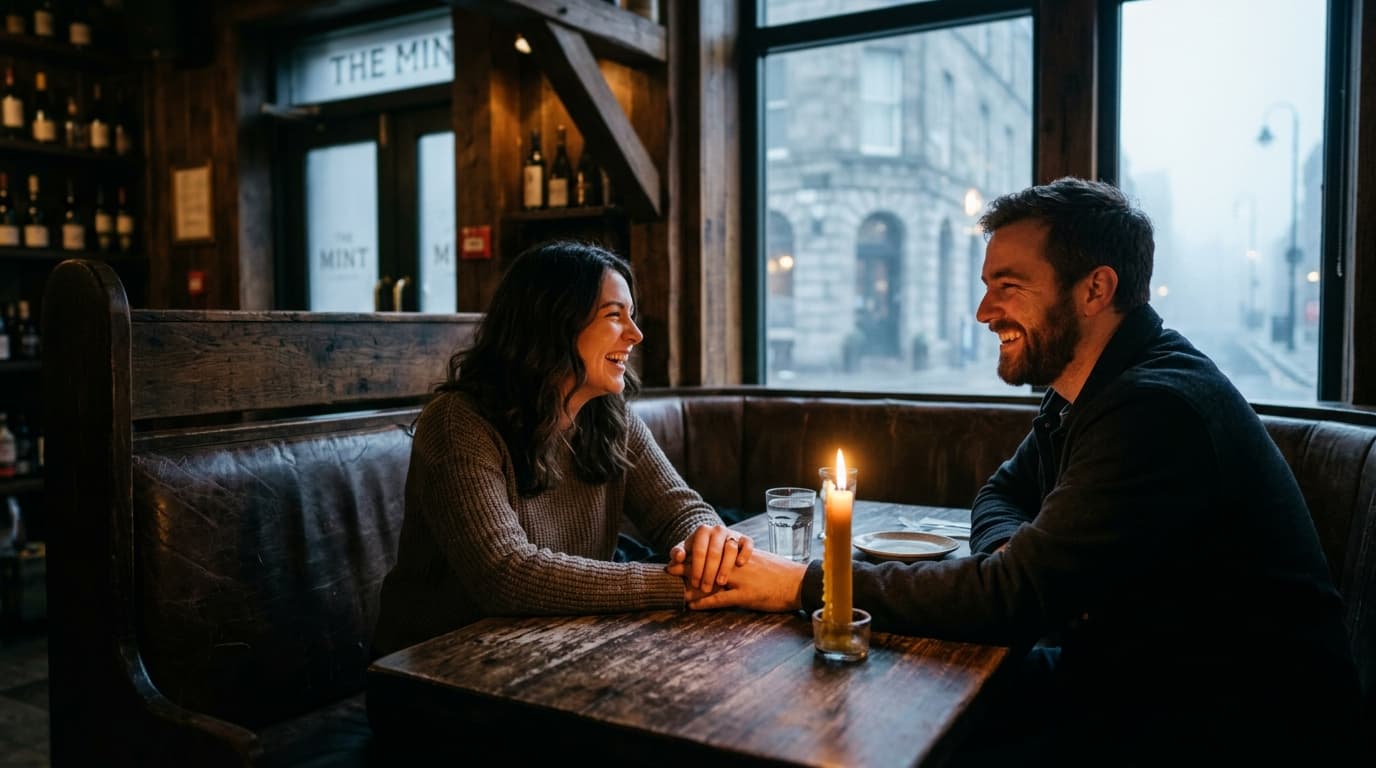 A medium shot captures two people laughing in a candle-lit booth at The Mint. Tilt-shift focus highlights their interlocke...