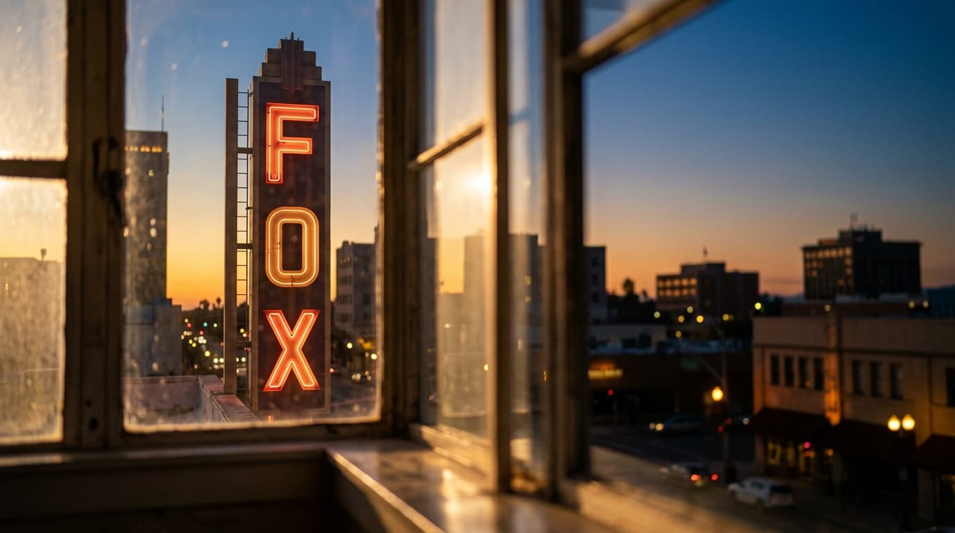 A close-up shot through a sun-drenched window frames the iconic neon lettering of the Fox Theater sign in downtown Bakersf...