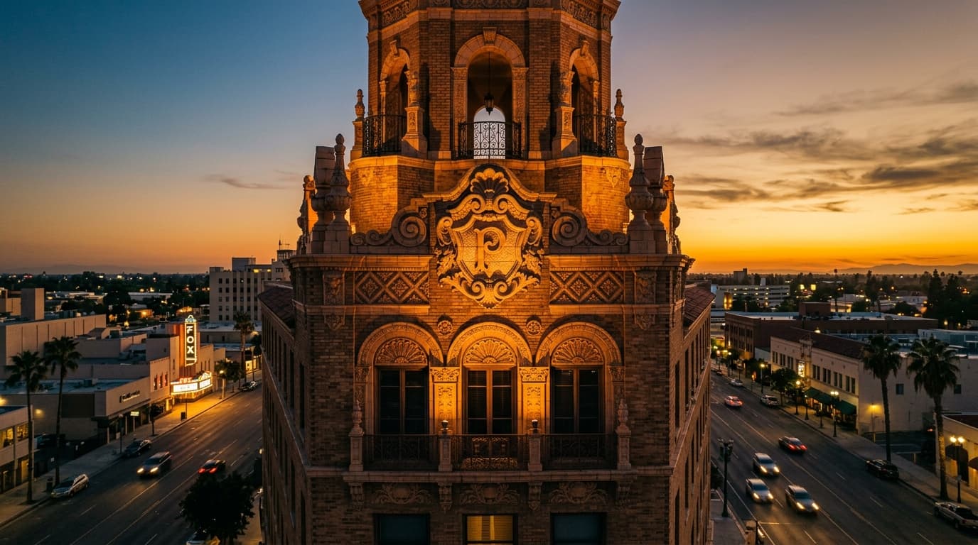 A 24mm wide-angle, centered shot of the ornate, glowing crest of The Padre Hotel’s exterior facade at dusk, capturing the...