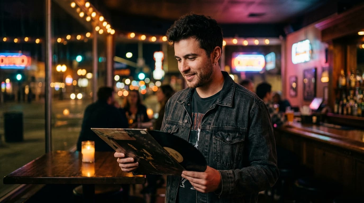 A medium shot of a man in a denim jacket holding a vinyl record, standing in a dim, candle-lit downtown Bakersfield bar. T...
