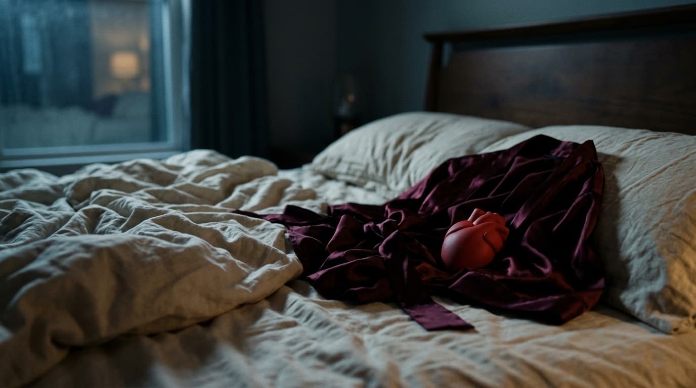 A low-angle, 35mm shot reveals a discarded, crumpled silk robe and a single heartbeat-shaped stress ball resting on an unm...