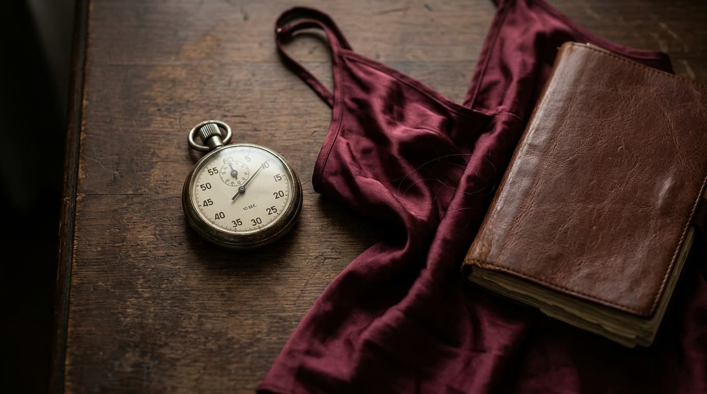 An overhead flat-lay captures a vintage analog timer set to ten seconds, resting beside a crumpled silk camisole and a lea...