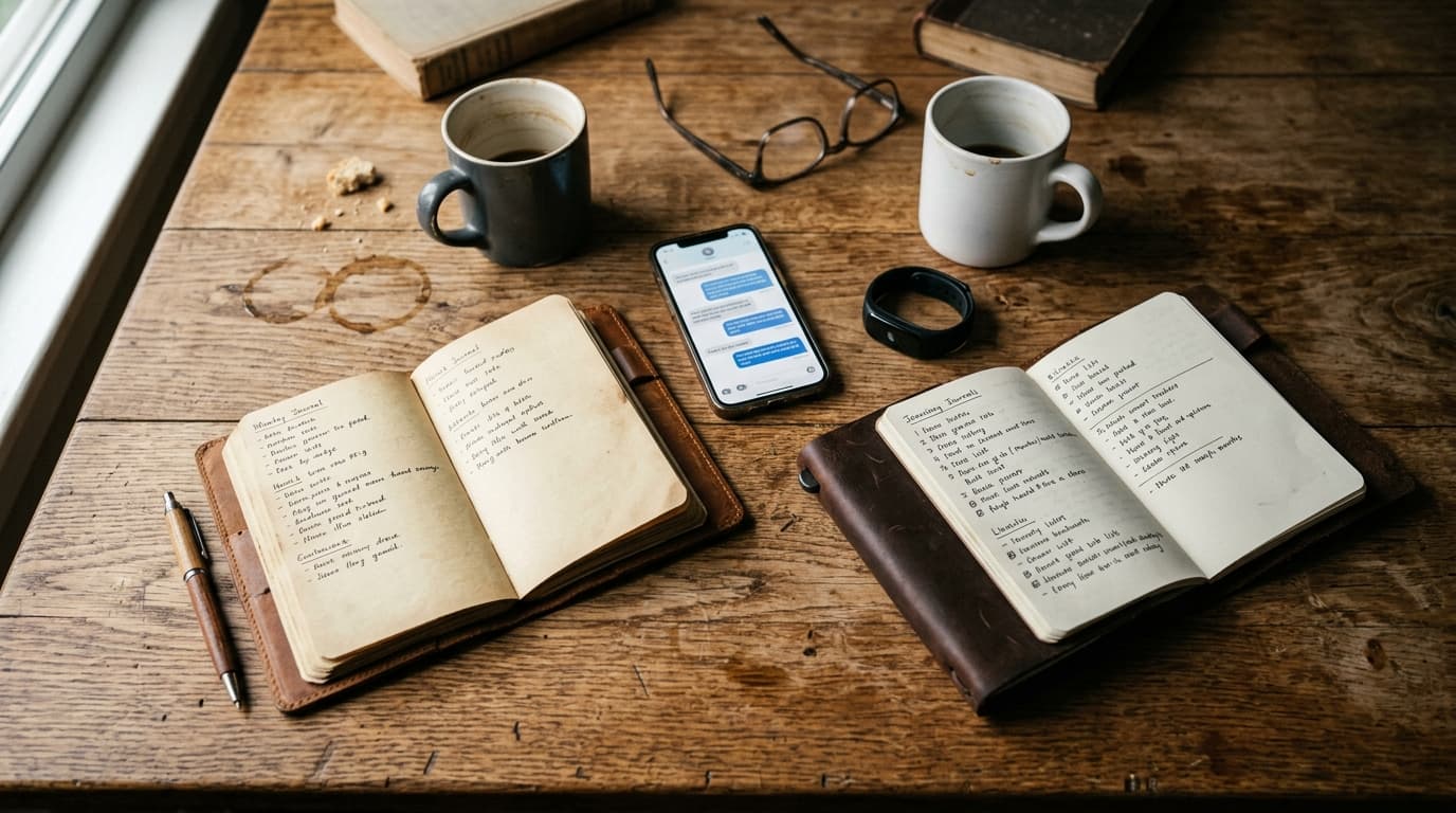 An overhead flat-lay on a wooden table featuring two open leather journals with handwritten goal lists, a single smartphon...