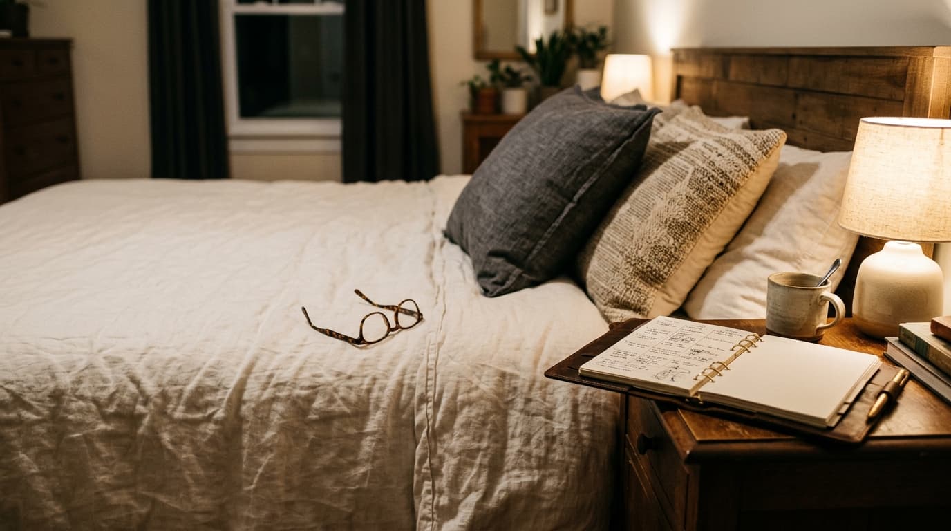 A wide shot of a neatly made bed featuring two different pillows, a leather-bound planner left open on the nightstand, and...